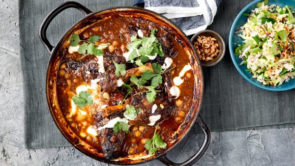 Lamb shanks, chickpeas, mustard seeds and curry leaves