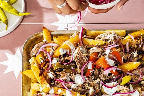 Lamb shawarma loaded fries