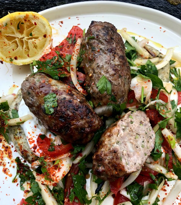 Lamb sheftalia with laver flatbreads