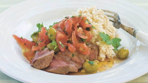 Lamb short loins with lemon, anchovy and tomato vinaigrette and cinnamon rice