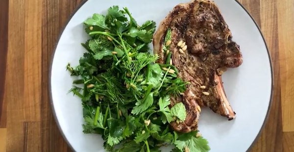 Lamb shoulder chops with herb and sunflower seed salad