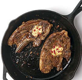 Lamb shoulder chops with smoky red pepper-shallot butter