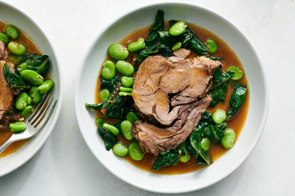 Lamb shoulder with greens and beans