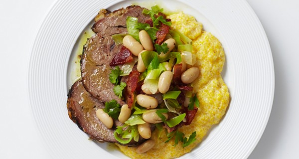Lamb shoulder with polenta and beans