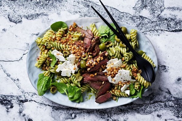 Lamb, Sicilian olive & pesto fusilli salad