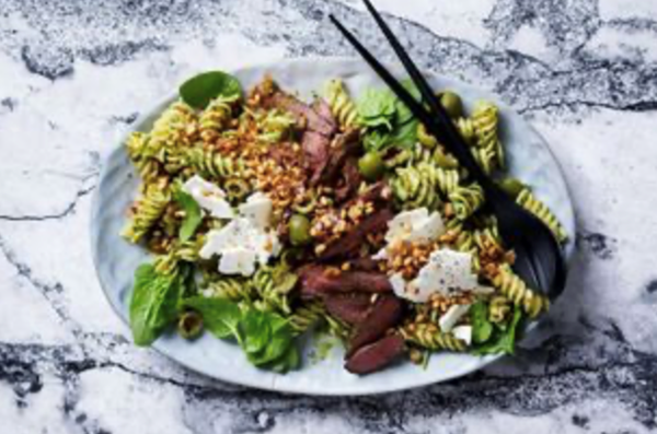 Lamb, Sicilian olive and pesto fusilli salad
