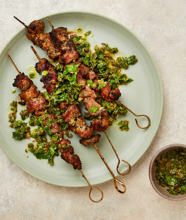 Lamb skewers with caper and oregano salsa