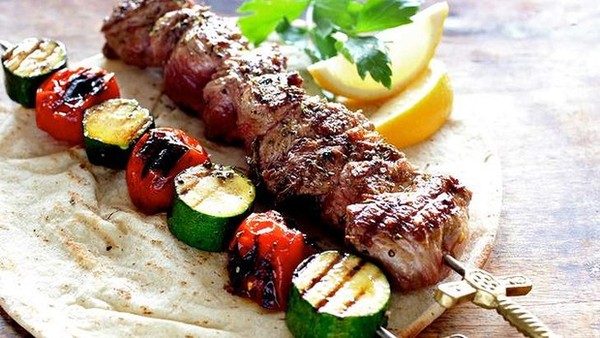 Lamb skewers with green tahini