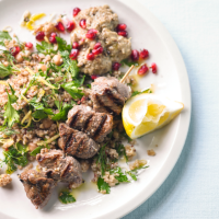 Lamb skewers with mixed grains and baba ganoush