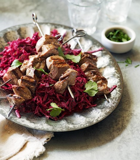 Lamb skewers with spiced beetroot slaw