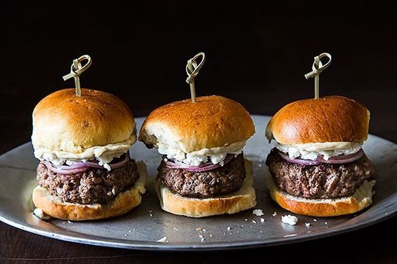 Lamb sliders with feta cheese, red onions, and cumin mayonnaise