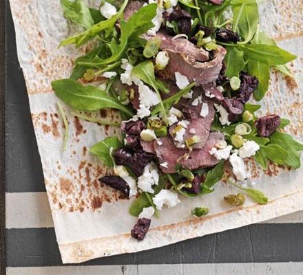 Lamb, spring onion, feta and black olive flatbreads