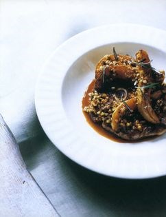 Lamb steaks with butternut squash, pecorino and pine nuts
