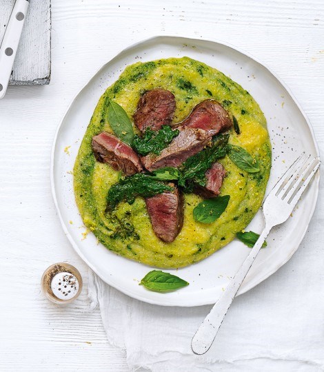Lamb steaks with garlic, basil and spinach polenta