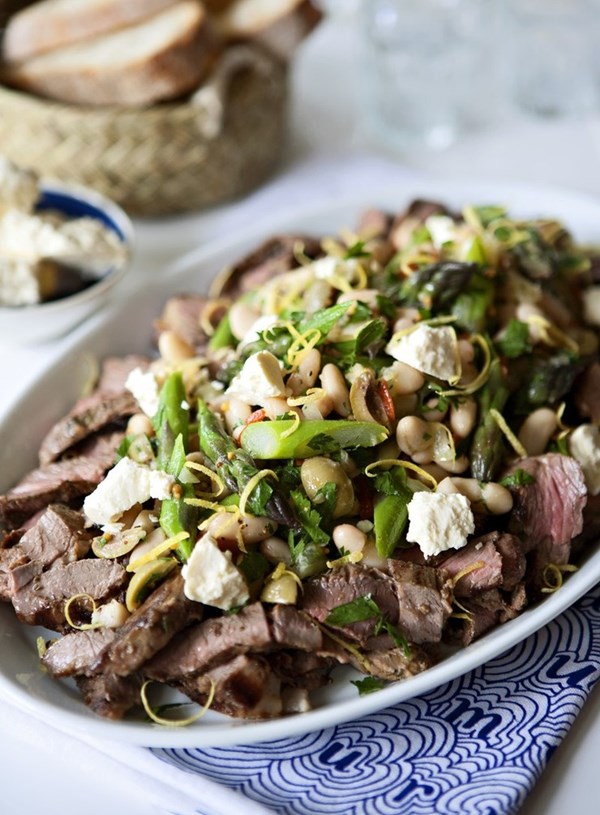 Lamb steaks with green olive, white bean and lemon salad