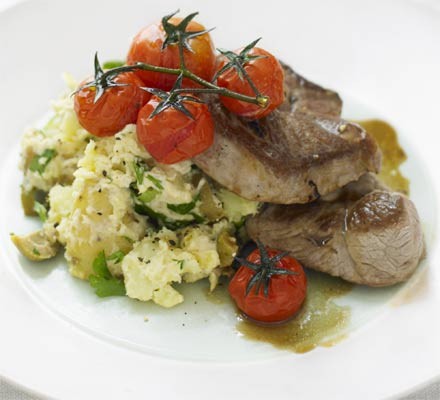 Lamb steaks with houmous new potatoes