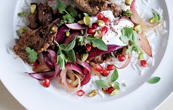 Lamb stir-fry with pomegranate and yogurt