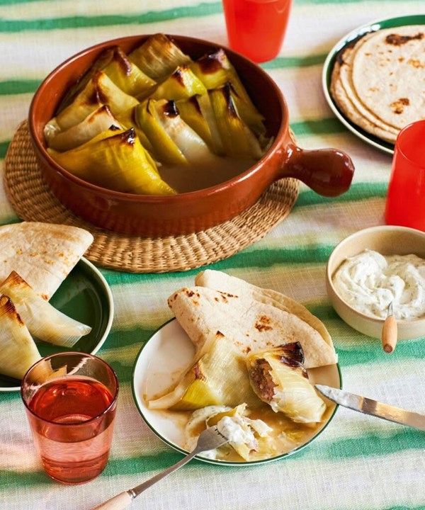 Lamb-stuffed leek triangles