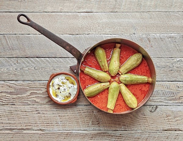 Lamb-stuffed zucchini in tomato sauce (Kousa mahshi)