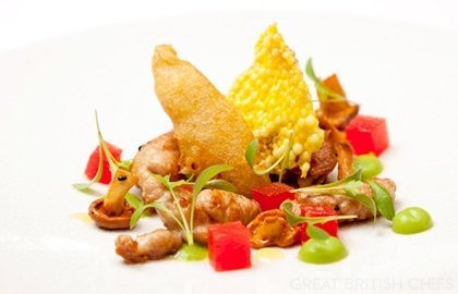 Lamb sweetbreads with pea, watermelon, anchovy and saffron crisp