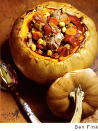 Lamb tagine in a roasted whole pumpkin