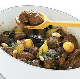 Lamb tagine with honey, prunes, onions, and toasted almonds