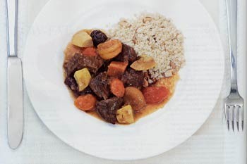 Lamb tagine with prunes, apricots, and vegetables