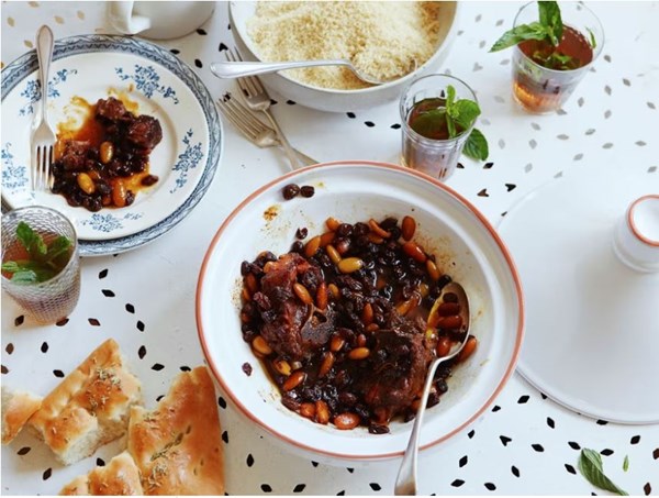 Lamb tagine with raisins, almonds, and honey