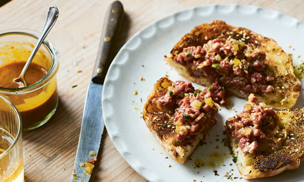 Lamb tartare with pickled cucumbers and amba