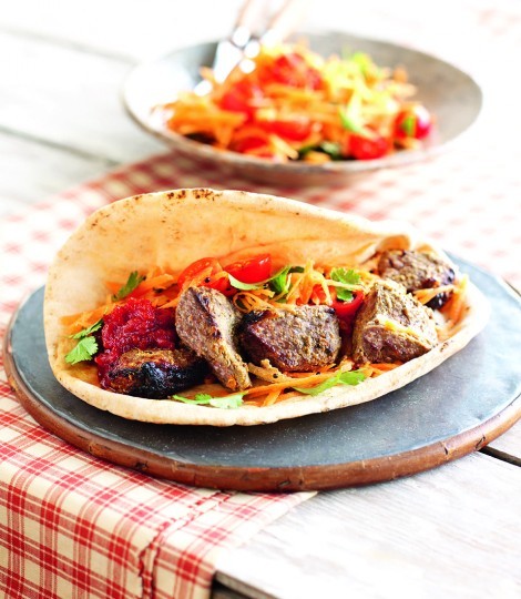 Lamb tikka with spiced carrot salad in flatbread
