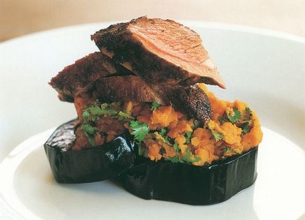Lamb with deep-fried eggplant and cumin lentils