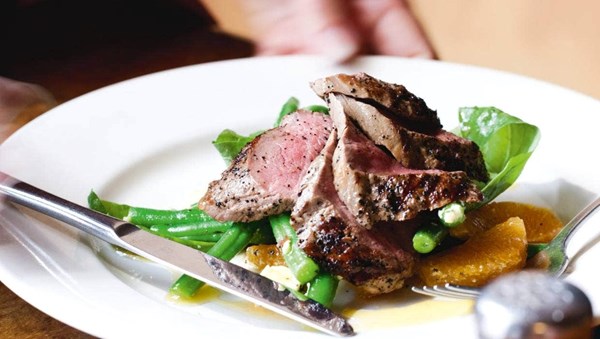 Lamb with green bean, feta and orange salad and passionfruit dressing