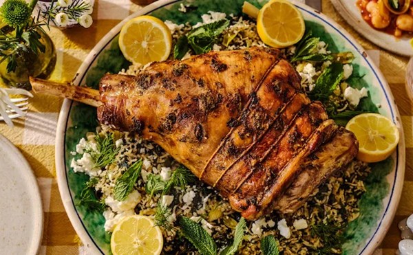 Lamb with greens, rice, lemon and feta