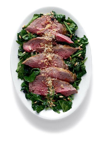 Lamb with herb paste and spinach