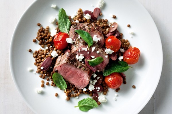 Lamb with lentils, feta and mint