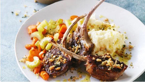 Lamb with mash, carrots and celery, oregano and pine nut gremolata