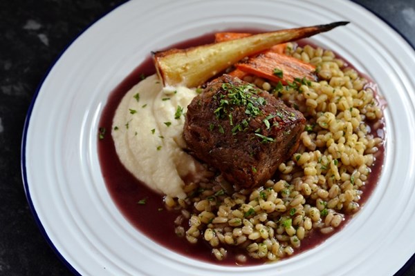 Lamb with pearl barley, root vegetables and Port gravy