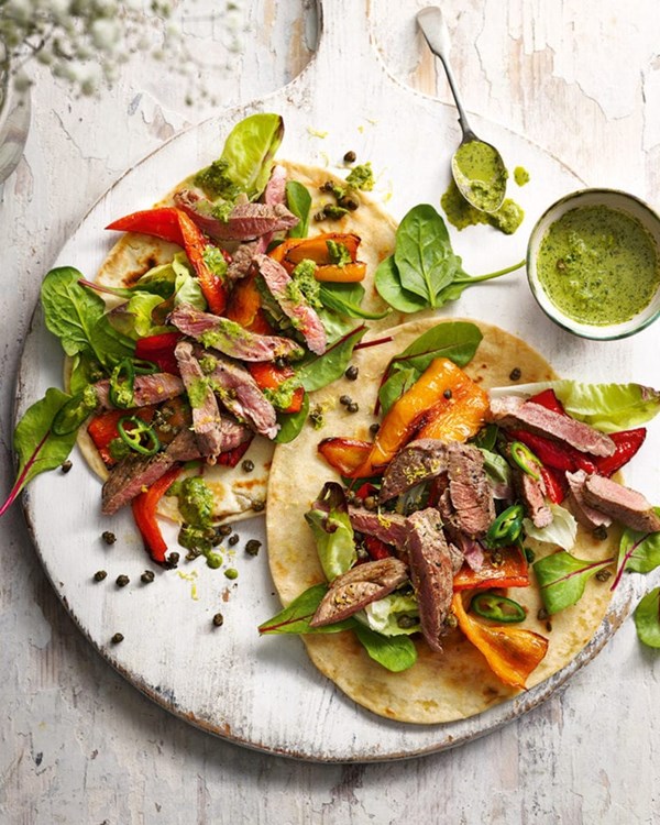 Lamb with pepper topped flatbread with green chilli and caper dressing 