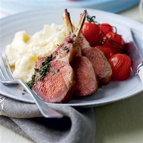 Lamb with real mint sauce and roasted tomatoes