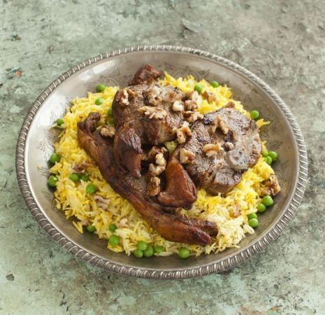 Lamb with saffron rice and walnuts