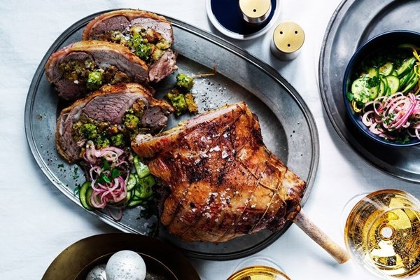 Lamb with sourdough, basil and macadamia pesto