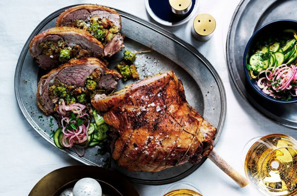 Lamb with sourdough, basil and macadamia pesto