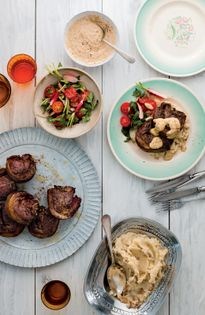 Lamb with tarator sauce, mashed potatoes & tomato & radish salad