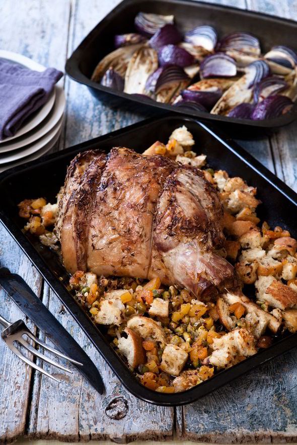 Lamb with torn bread and apricot stuffing with chicory and onion