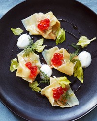 Lamb wontons with salmon roe and dill