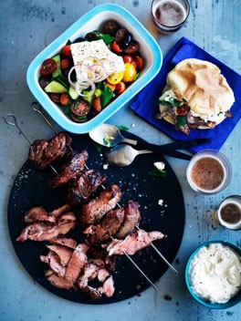 Lamb yiros with yoghurt, tahini and garlic sauce and homemade pita bread