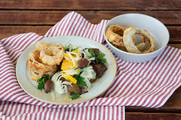 Lamb's fry with buttermilk & thyme onion rings