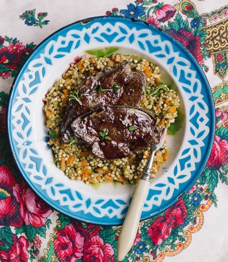 Lamb's livers in pomegranate glaze with braised buckwheat