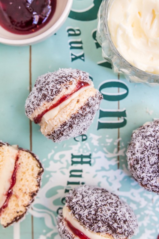 Lamington biscuits with raspberry jam & 'cream'