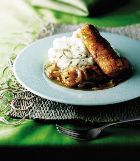 Lancashire and mozzarella cheese sausages with beer gravy and mustard mash